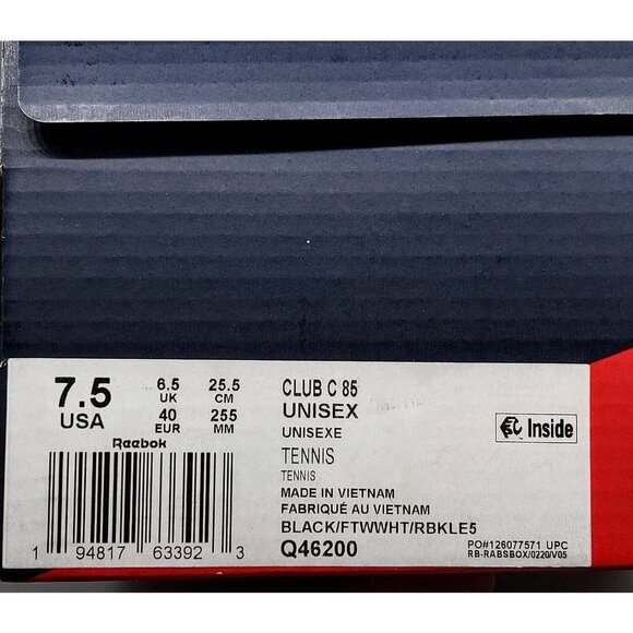 Reebok Club C 85 Unisex Tennis Q46200 Black Peace Train M 7.5 W 9.5 w/Box - Picture 6 of 9